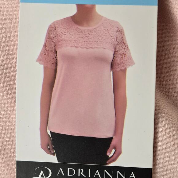🎄 Adrianna Papell NWT lace details short sleeve top Large blush pink - Picture 16 of 17